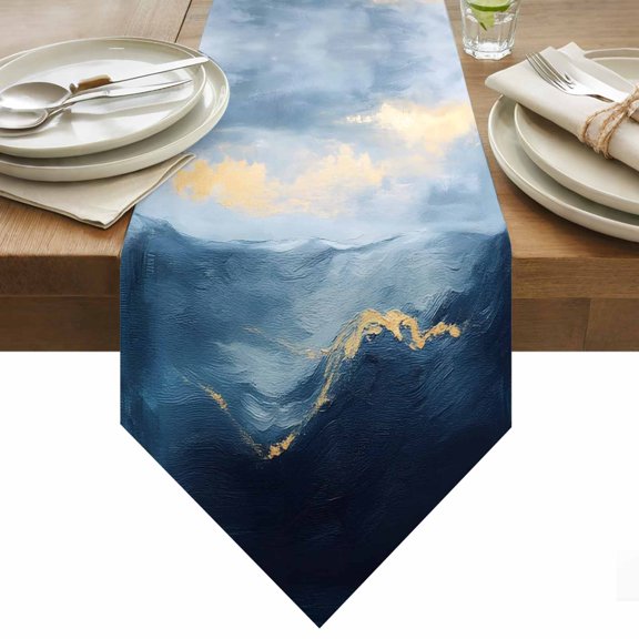 Abstract Wave Art Table Runner 36 Inches Long Blue Yellow Sunshine Oil Painting Style Table Runners for Dining Room Tabletop Dresser Scarf Home Party Banquet Wedding Holiday Decoration