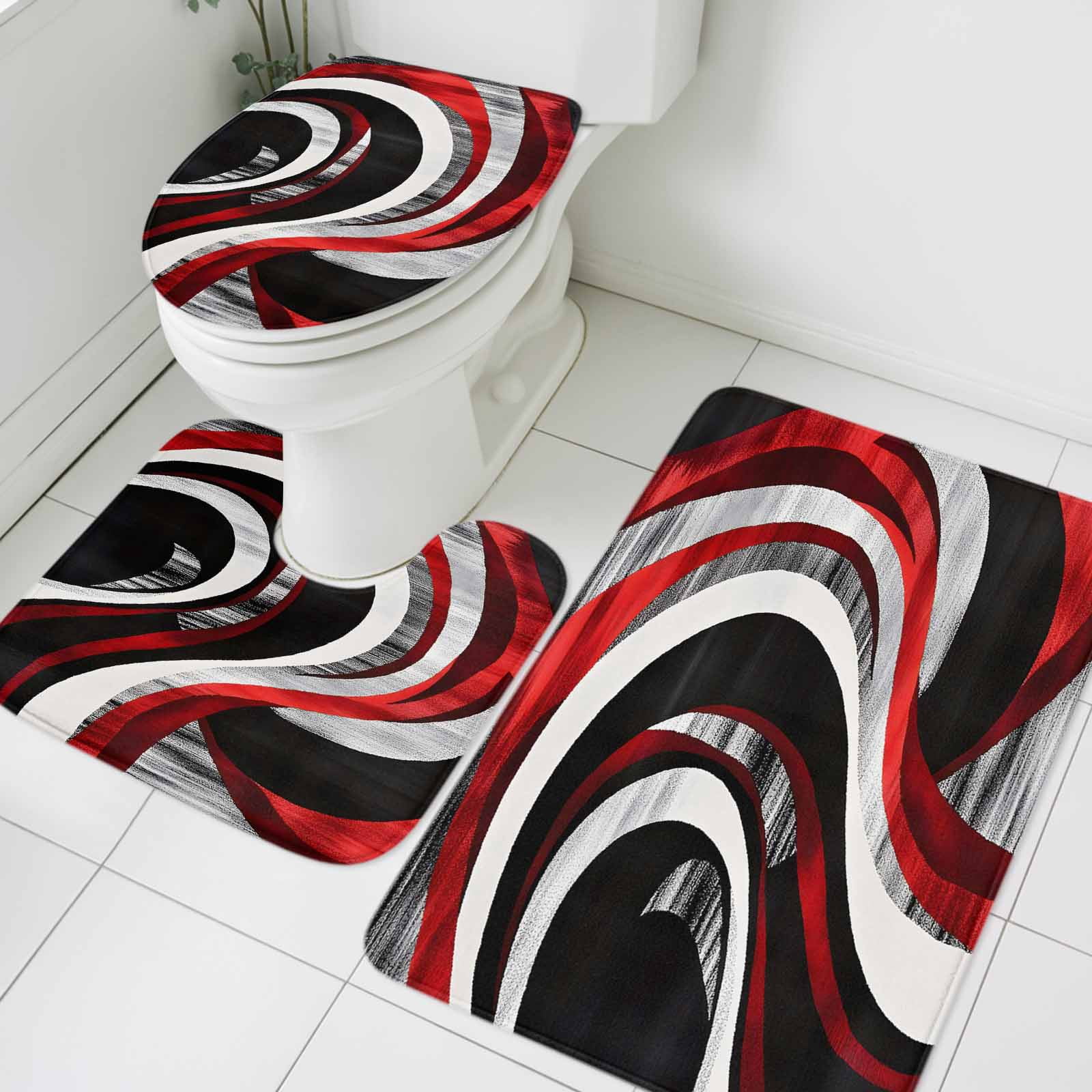 Abstract Wave Bathroom Rugs Set Red Black Line Non Slip Absorbent Soft ...