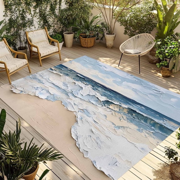 Abstract Wave Beach Art Outdoor Rug, Beige Blue Oil Painting Style Non ...
