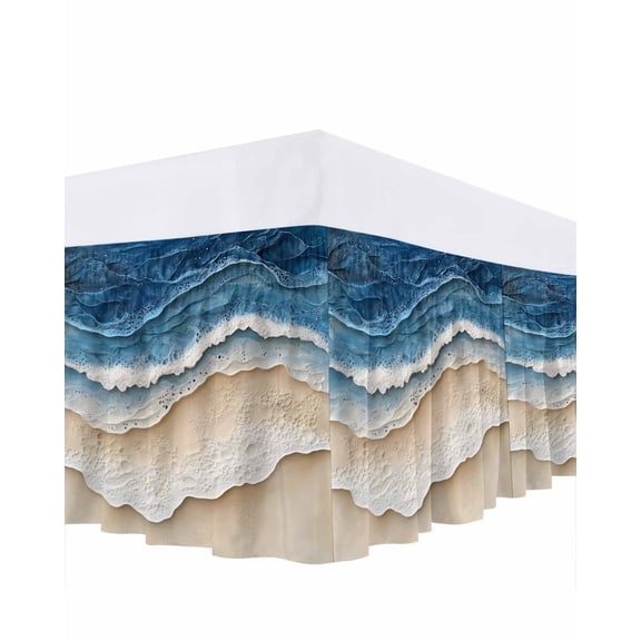 Abstract Wave Bed Skirt Queen Size 16" Drop Texture Blue Beige Gradient Brach Modern Art Ruffled Wrap Around Bed Skirts Adjustable Elastic Bedskirt Dust Ruffle for Queen Size Bed