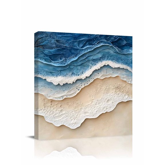 Abstract Wave Canvas Wall Art, Texture Blue Beige Gradient Brach Modern Art Framed Wall Decor Modern Artwork Prints Painting for Living Room, Bedroom, Kitchen & Cafe Decor 8x8 Inch