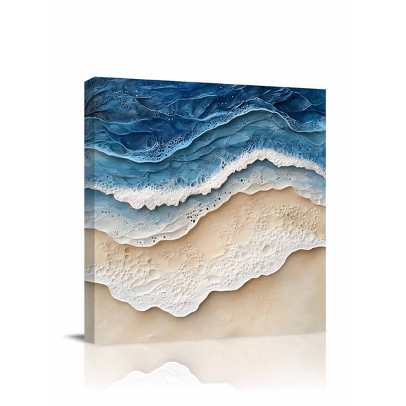 Abstract Wave Canvas Wall Art, Texture Blue Beige Gradient Brach Modern Art Framed Wall Decor Modern Artwork Prints Painting for Living Room, Bedroom, Kitchen & Cafe Decor 28x28 Inch
