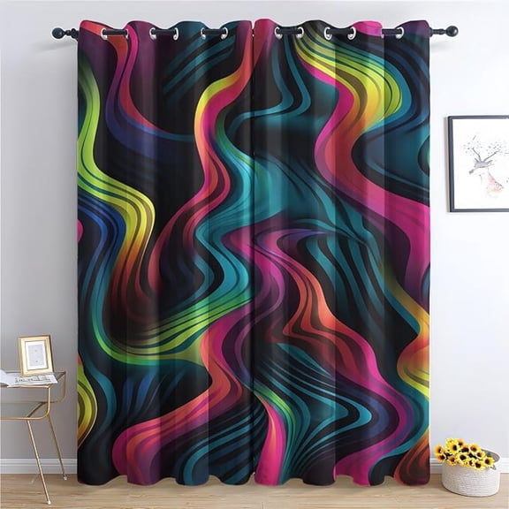 Abstract Wave Curtains, Colourful Stripe Window Curtains, Multicolor Rainbow Swirl Blackout Curtains, Thermal Grommet Drapes for Bedroom Living Room 53"W x 96"L (Pack of 2)