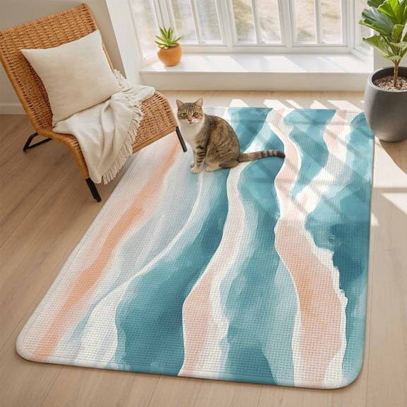 Abstract Wave Effect Area Rugs for Living Room 5x6, Blue Watercolor Modern Art Washable Area Rug with Non Slip Backing, Stain Resist Linen Carpet for Bedroom, Dining Room, Entryway, Entrance