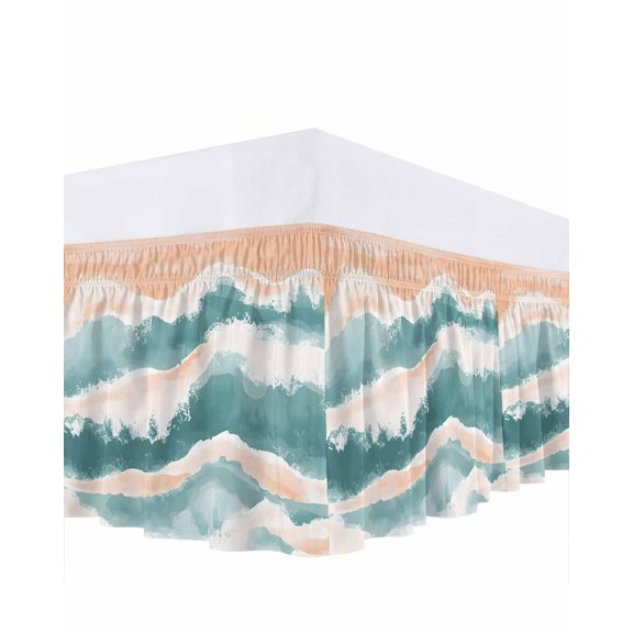 Abstract Wave Effect Bed Skirt Queen Size 16" Drop Watercolor Blue Modern Art Ruffled Wrap Around Bed Skirts Adjustable Elastic Bedskirt Dust Ruffle for Queen Size Bed