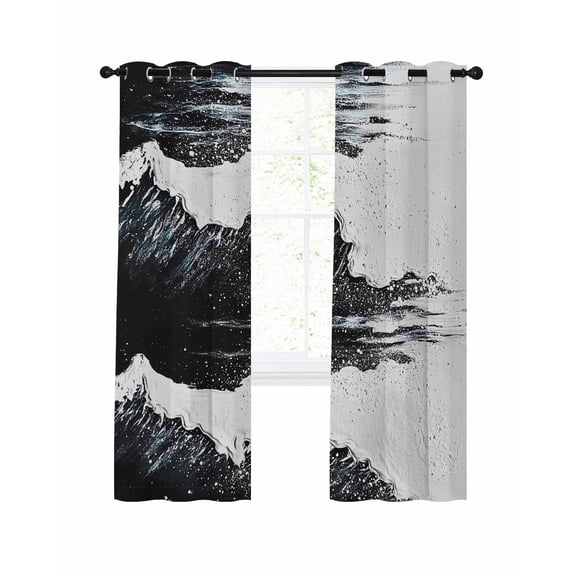 Abstract Wave Effect Blackout Curtains for Bedroom Living Room, Retro Black White Beach 39 In Long Thermal Insulated Room Darkening Drapes Grommet Window Treatments, 27.5 x 39 In
