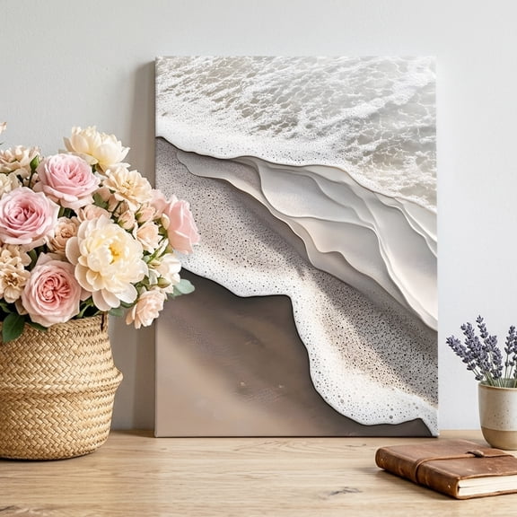 Abstract Wave Effect Canvas Wall Art Framed Wall Decor for Living Room Bedroom Bathroom, Gary Brown Gradient Beach Canvas Pictures Ready to Hang Decor, 8"x10"