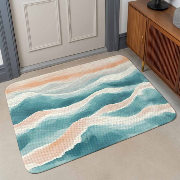 Abstract Wave Effect Front Door Mat Indoor Entrance, Blue Watercolor Modern Art Absorbent Dirt Resist Welcome Mats Non-Slip Low-Profile Doormat Washable Entry Rug Indoor Outdoor 17x30 Inch