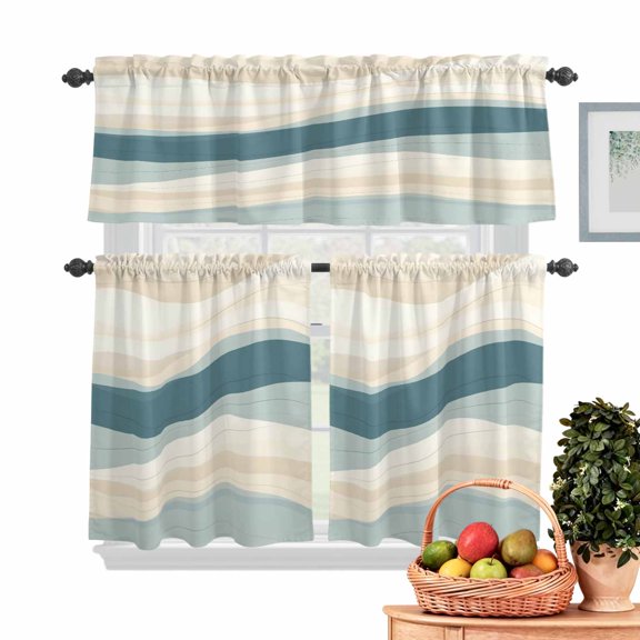 Abstract Wave Effect Kitchen Curtains Valances 3 Piece Set, Watercolor Blue Stripe Rod Pocket Tier Curtain and Valance Drapes for Small Window 24 Inch Length for Bedroom Cafe