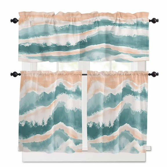 Abstract Wave Effect Kitchen Curtains and Valances Set, Watercolor Blue Modern Art Rod Pocket Window Valance 18 Inch Window Curtain Panels for Living Room Bedroom Laundry, 27.5x24in, 3 Pieces
