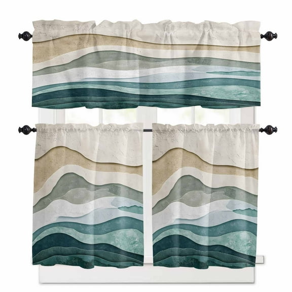 Abstract Wave Effect Kitchen Curtains and Valances Set, Watercolor Blue Stripes Rod Pocket Window Valance 18 Inch Window Curtain Panels for Living Room Bedroom Laundry, 27.5x24in, 3 Pieces