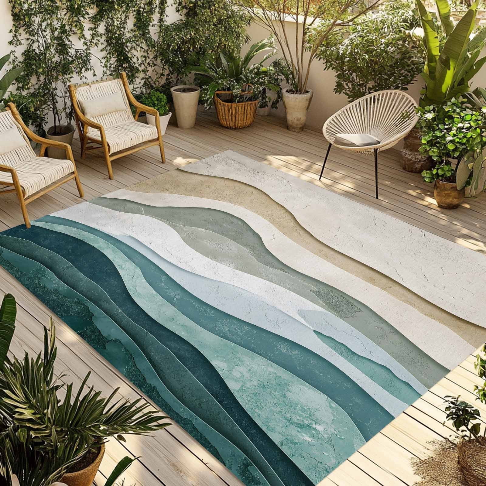 Abstract Wave Effect Outdoor Rug, Watercolor Blue Stripes Non-Slip Area ...