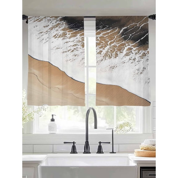 Abstract Wave Effect Sheer Curtains 45 Inches Long 2 Panels Brown Gradient Beach Light Filtering Semi Sheer Window Curtains Drapes for Bedroom Living Room 52"x45"