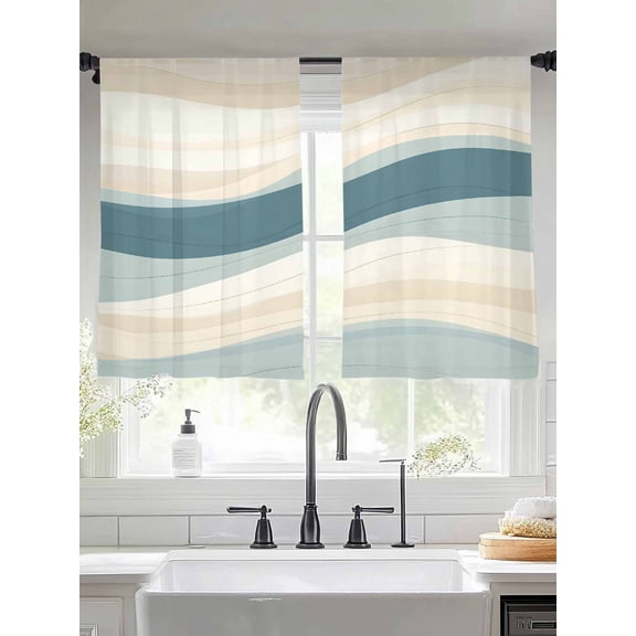 Abstract Wave Effect Sheer Curtains 54 Inches Long 2 Panels Watercolor Blue Stripe Light Filtering Semi Sheer Window Curtains Drapes for Bedroom Living Room 52"x54"