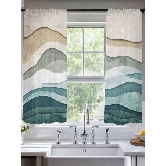 Abstract Wave Effect Sheer Curtains 72 Inches Long 2 Panels Watercolor Blue Stripes Light Filtering Semi Sheer Window Curtains Drapes for Bedroom Living Room 52"x72"