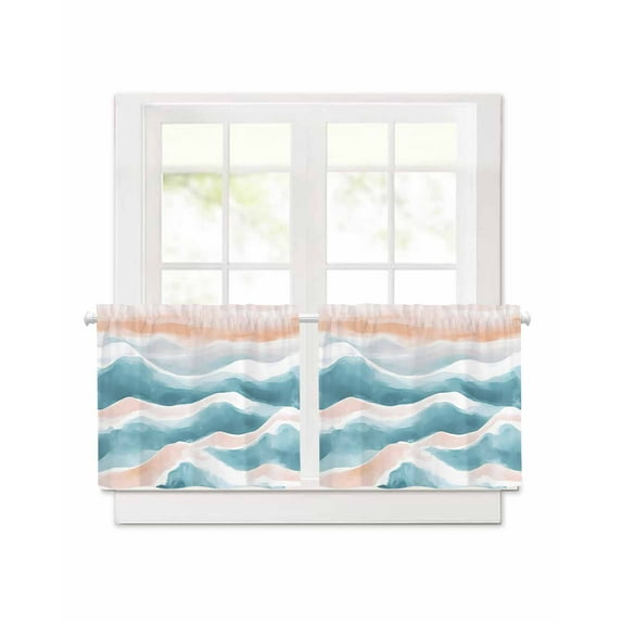 Abstract Wave Effect Short Blackout Curtains 30Inch Long Blue Watercolor Modern Art Rod Pocket Kitchen Curtains, 2 Panels Thermal Insulated Room Darkening Drapes for Bedroom, 30"W x 30"L