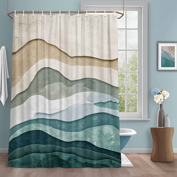 Abstract Wave Effect Shower Curtains for Bathroom, Watercolor Blue Stripes Washable Fabric Shower Curtain with Hooks Waterproof Bathroom Decor Sets, 66 x 72 Inches