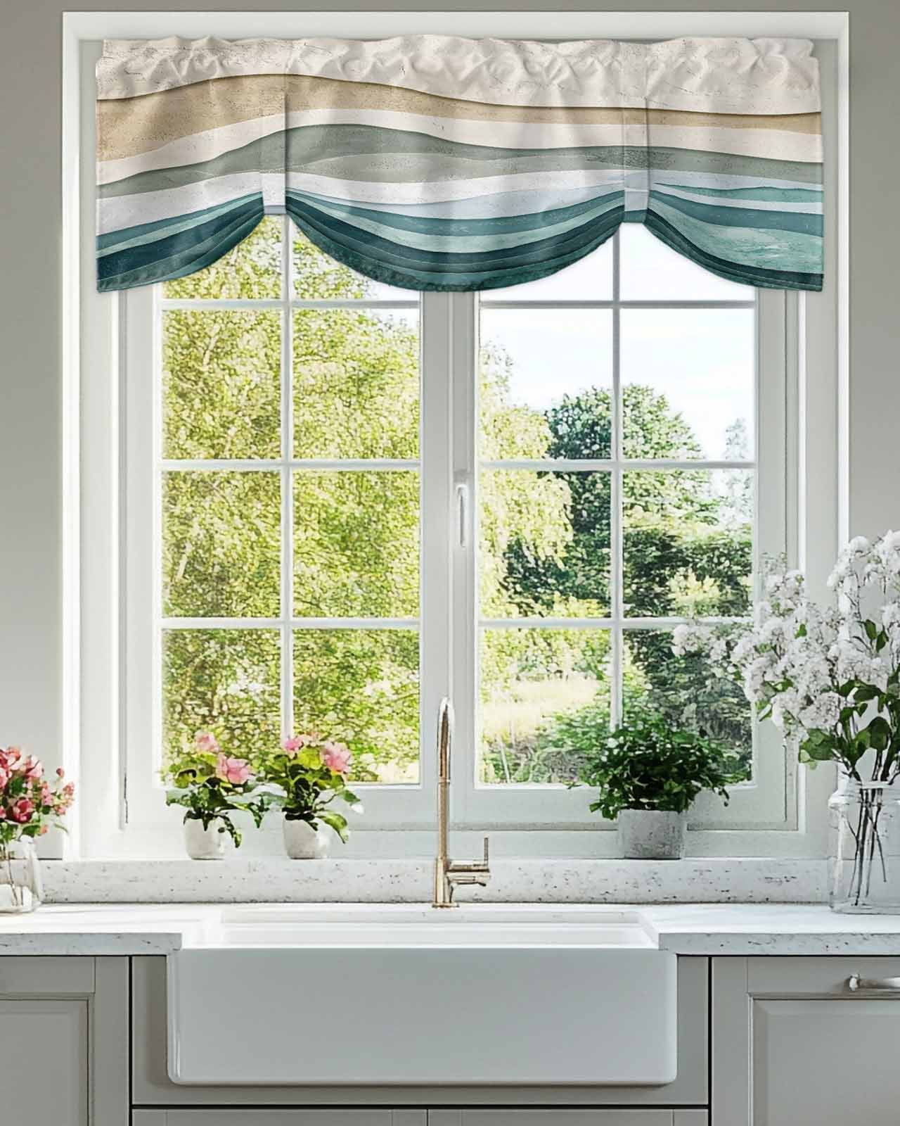 Abstract Wave Effect Tie Up Valances Curtain, Adjustable Kitchen Watercolor Blue Stripes Valances for Windows Decor, Rod Pocket Short Curtains Set for Bedroom/Bathroom, 54"x18"