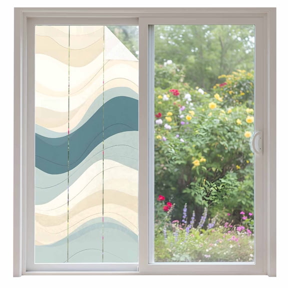 Abstract Wave Effect Window Privacy Film Watercolor Blue Stripe Decorative Glass Window Film UV Blocking Static Cling Non-Adhesive Sticker Covering for Home Door 35.4x78.7 inches