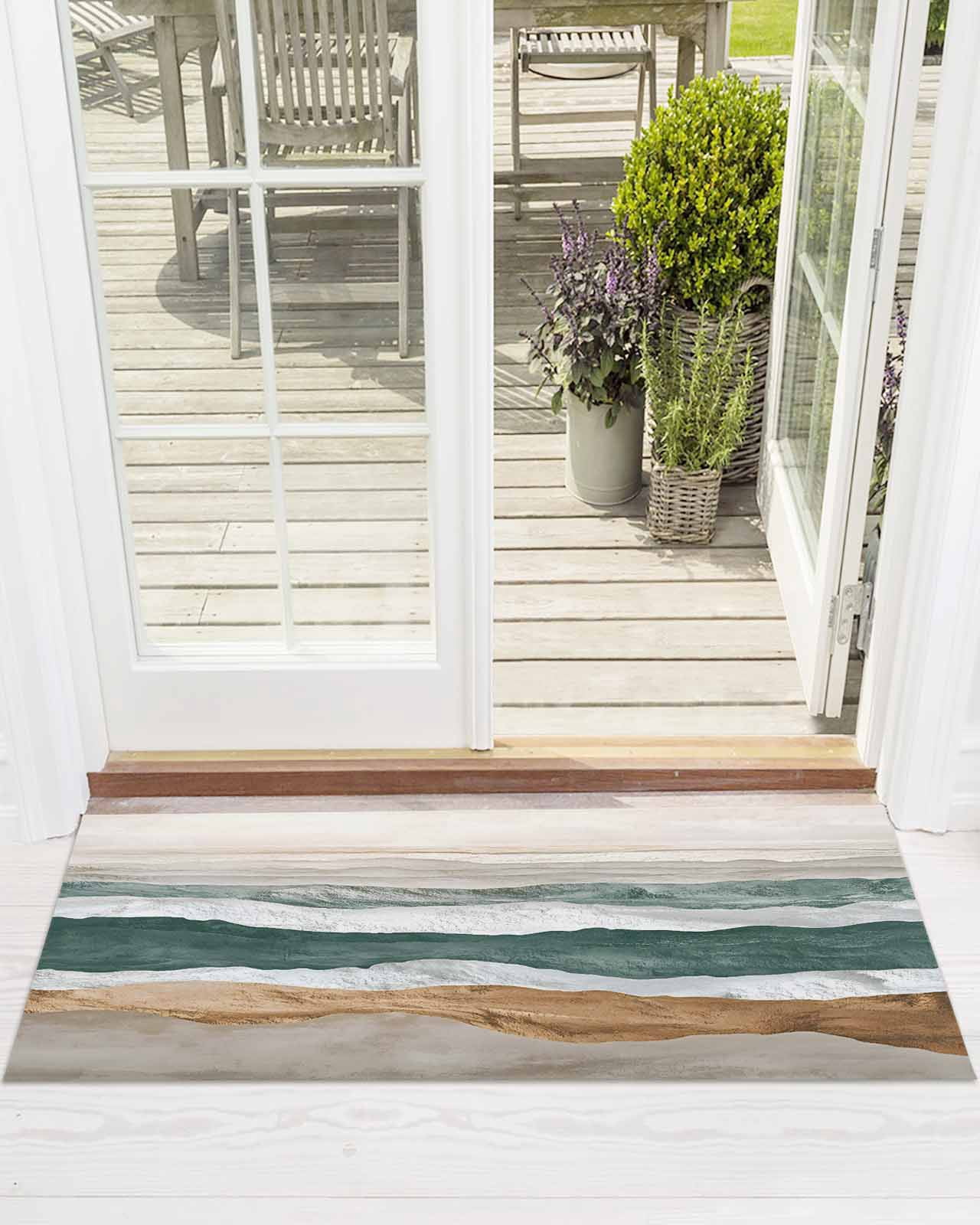 Abstract Wave Front Door Mat Lines Green White Brown Ombre Modern Art ...