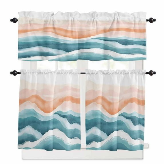 Abstract Wave Kitchen Curtains and Valances Set, Watercolor Blue Modern Art Rod Pocket Window Valance 18 Inch Window Curtain Panels for Living Room Bedroom Laundry, 27.5x24in, 3 Pieces