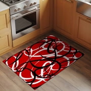 Abstract Wave Line 2x3 Rug for Entryway Front Door Kitchen Sink Area, Black White Red Geometric Stripe Modern Low Pile Washable Non Slip Rectangle Area Rug