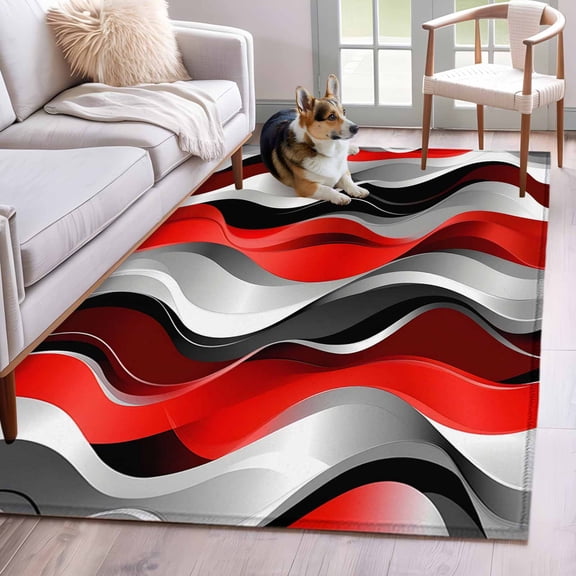 Abstract Wave Line 3x5 Area Rugs for Living Room, Gray Red Black Stripe Graffiti Non Slip Floor Mat Washable Low-Profile Indoor Carpet for Bedroom, Dining Room, Bathroom