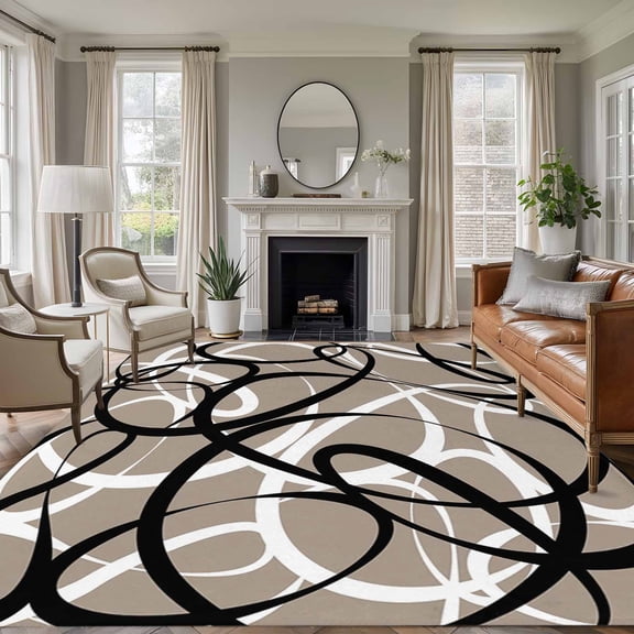 Abstract Wave Line 5x7 Rug for Living Room Sofa and Coffee Table Layout, Black White Brown Geometric Stripe Modern Washable Non Slip Rectangle Area Rug