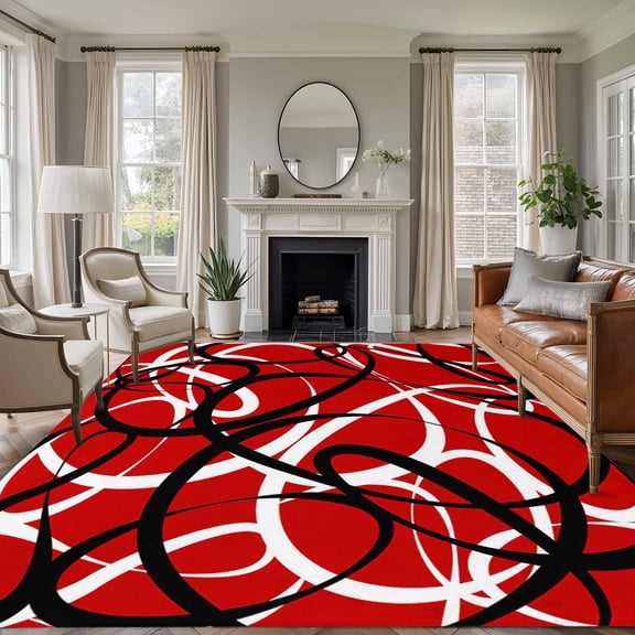 Abstract Wave Line 5x7 Rug for Living Room Sofa and Coffee Table Layout, Black White Red Geometric Stripe Modern Washable Non Slip Rectangle Area Rug