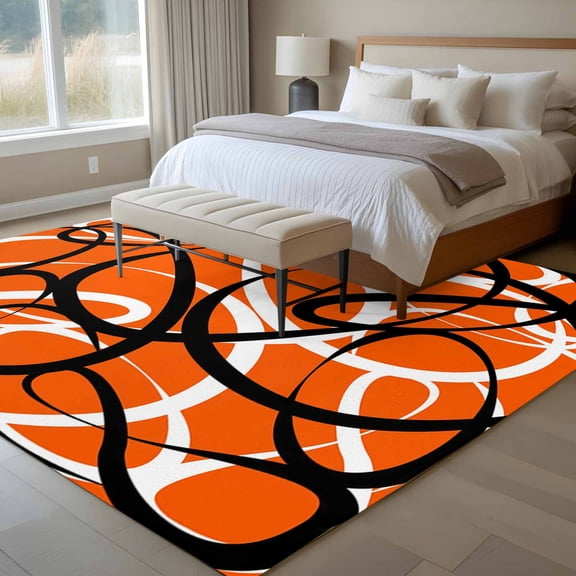 Abstract Wave Line 6x9 Rug for Dining Room Table and Chair Setup, Black White Orange Geometric Stripe Modern Low Pile Washable Non Slip Rectangle Area Rug
