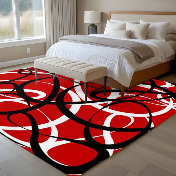 Abstract Wave Line 6x9 Rug for Dining Room Table and Chair Setup, Black White Red Geometric Stripe Modern Low Pile Washable Non Slip Rectangle Area Rug