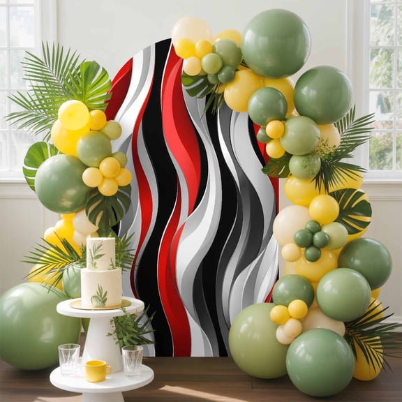 Abstract Wave Line Arch Backdrop Cover, 4FT, Black Red Gray Stripe Graffiti Spandex Arch Covers Double-Sided Backdrop for Wedding Birthday Party Photo Background Decoration
