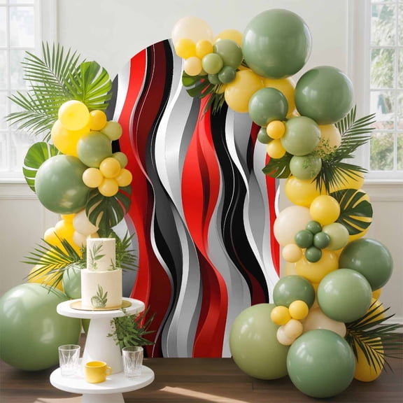 Abstract Wave Line Arch Backdrop Cover, 4FT, Gray Red Black Stripe Graffiti Spandex Arch Covers Double-Sided Backdrop for Wedding Birthday Party Photo Background Decoration