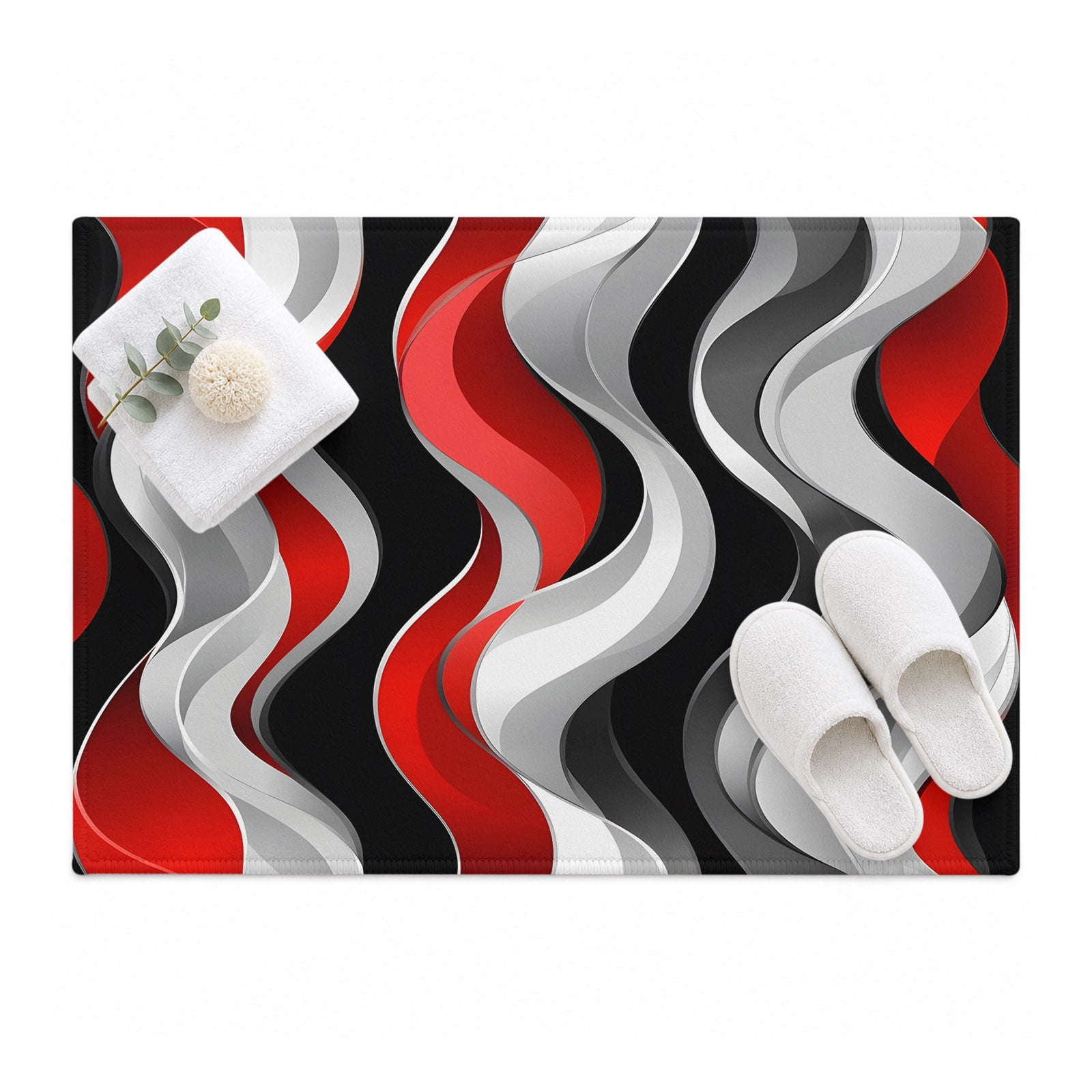 Abstract Wave Line Area Rug 2'x3', Black Red Gray Stripe Graffiti Mat ...