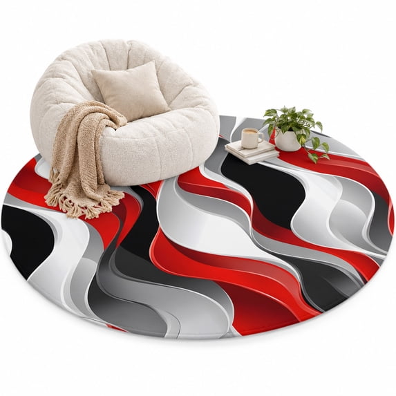 Abstract Wave Line Area Rug 3', Black Gray Red Stripe Graffiti Soft Mat ...