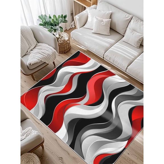 Abstract Wave Line Area Rug for Bedroom 4x6 Ft Black Red Gray Stripe Graffiti Super Soft fuzzy Throw Rug Non-Slip Fluffy Plush Indoor Floor Carpet for Living Room Nursery Home Decor