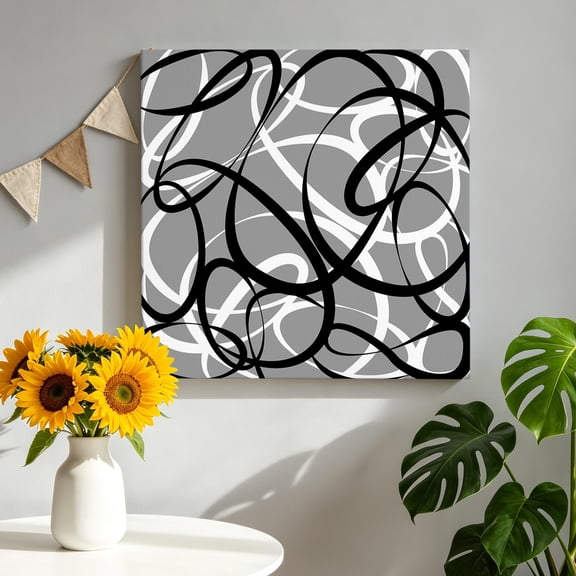 Abstract Wave Line Canvas Wall Art, Black White Grey Geometric Stripe Modern Framed Canvas Wall Decor Picture Print Artwork Decorations for Living Room Office Ready to Hang 8" x 8"
