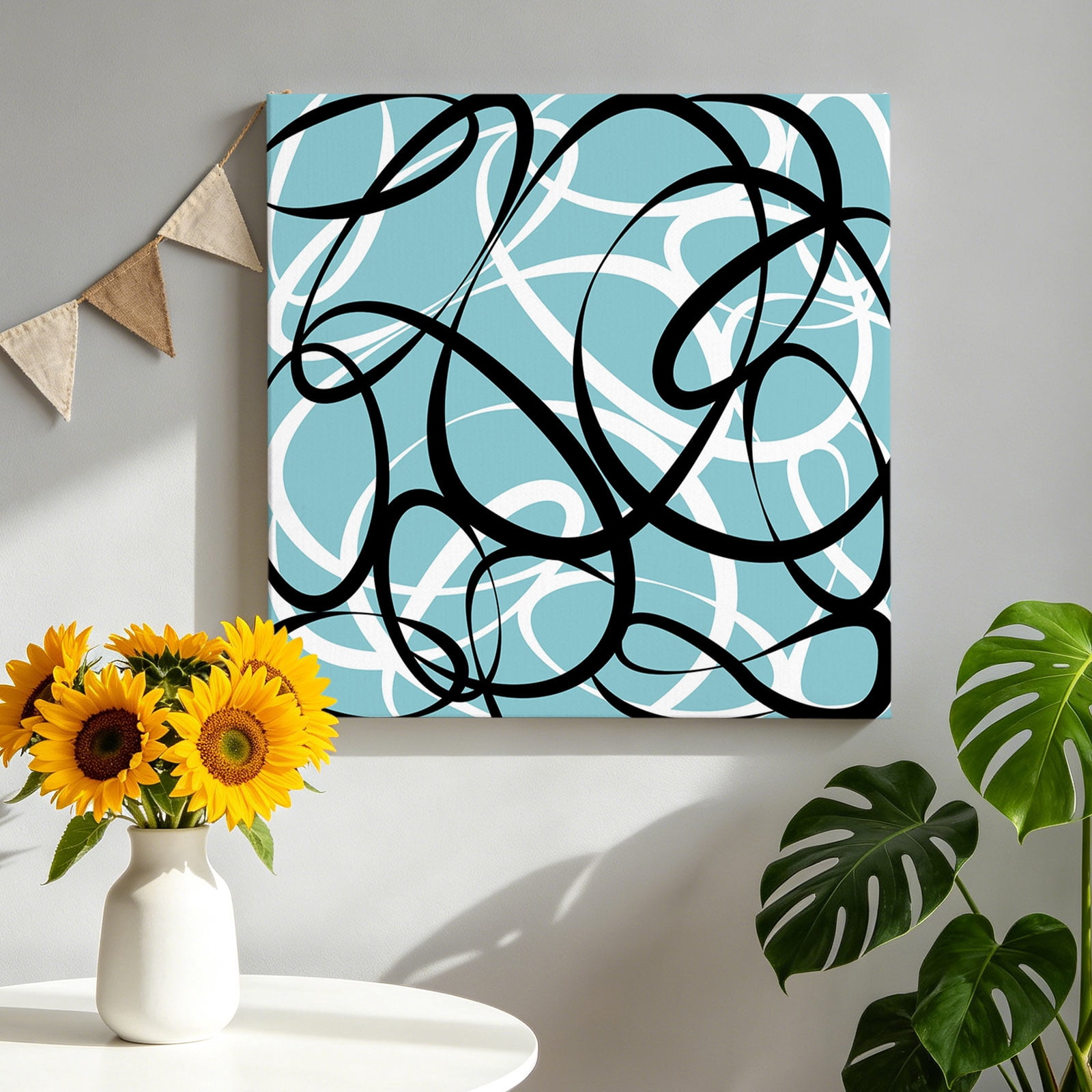 Abstract Wave Line Canvas Wall Art, Black White Teal Ge…
