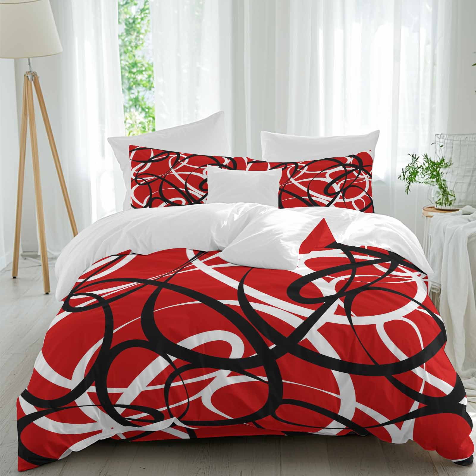 Abstract Wave Line Full Size Comforter Set, Black White Red Geometric ...