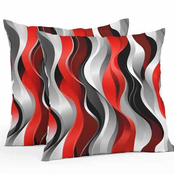 Abstract Wave Line Outdoor Pillow Covers Pack of 2 Gray Red Black Stripe Graffiti Waterproof Throw Pillow Covers Decorative Cushion Cases for Patio Garden Tent Balcony Couch 18x18 inch