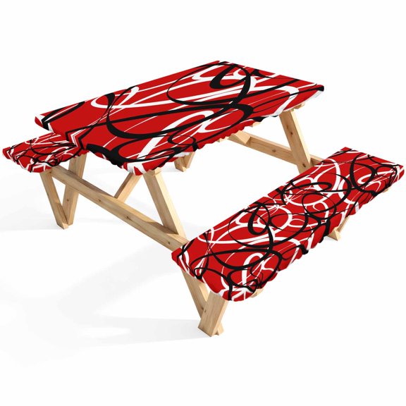 Abstract Wave Line Picnic Table Cover with Bench Covers Black White Red Geometric Stripe Modern Waterproof Fitted Picnic Tablecloth 3 Pieces Set Table Cloth for Outdoor Camping Garden BBQ