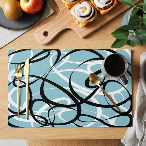 Abstract Wave Line Placemats Set of 1, Black White Teal Geometric Stripe Modern Heat Insulated Linen Place Mats, Washable Stain-Proof Table Mats for Dining Tables Holiday Decor 13x19 Inches
