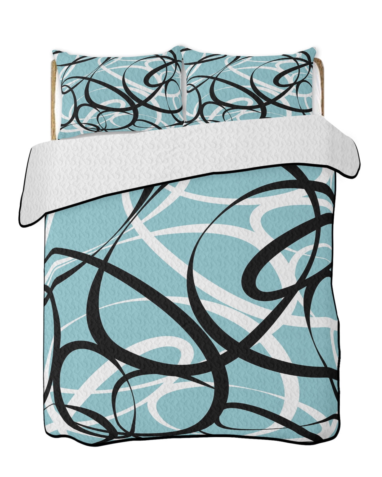 Abstract Wave Line Quilts Bedding Set Full Size Black White Teal ...