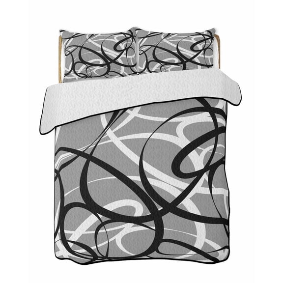 Abstract Wave Line Quilts Bedding Set Queen Size Black White Grey Geometric Stripe Modern Lightweight Quilted Bedspread 3 Piece Bed Quilt with 2 Pillow Shams All Season for Bedroom 78" x 90"