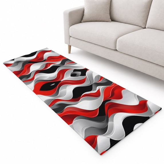 Abstract Wave Line Runner Rug 2'x6', Black Gray Red Stripe Graffiti ...