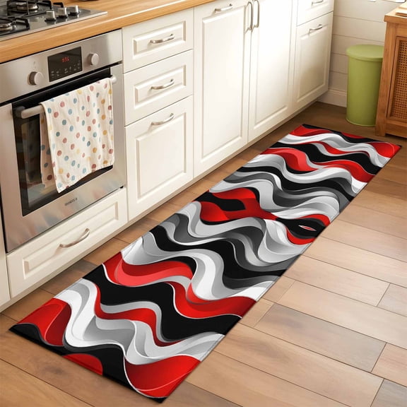 Abstract Wave Line Runner Rug for Hallway 2x6ft, Black Red Gray Stripe Graffiti Non Slip Floor Mat Washable Low-Profile Indoor Carpet for Living Room, Bedroom, Dining Room