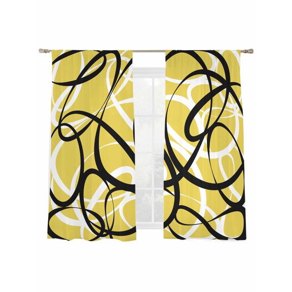 Abstract Wave Line Sheer Curtains 2 Panels Set Black White Yellow Geometric Stripe Modern Sheer Window Curtains Light Filtering Rod Pocket Voile Drapes for Bedroom Living Room 52"x63"