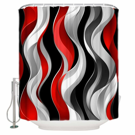 Abstract Wave Line Shower Curtain, 72" x 72", Black Red Gray Stripe Graffiti Waterproof Bathroom Curtain Washable Shower Curtain Set with 12 Hooks