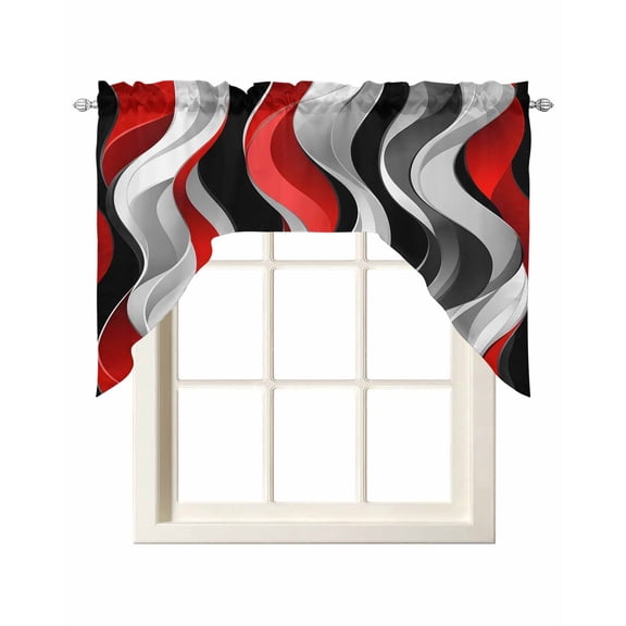 Abstract Wave Line Swag Valance and Tier Curtains Set Black Red Gray Stripe Graffiti Kitchen Curtains 3 Piece Set Rod Pocket Panels for Bedroom Cafe 56x36 inch