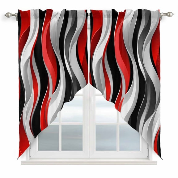 Abstract Wave Line Swag Valances for Windows 2 Pack Black Red Gray Stripe Graffiti Swag Kitchen Curtains 36 Inches Long Rod Pocket Short Window Treatment for Kitchen Bathroom 36"x36"